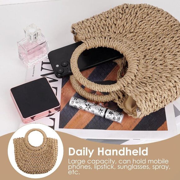 Boho Straw Crossbody Bag Small Woven Purse with Round Handle for Women - Picture 4 of 6